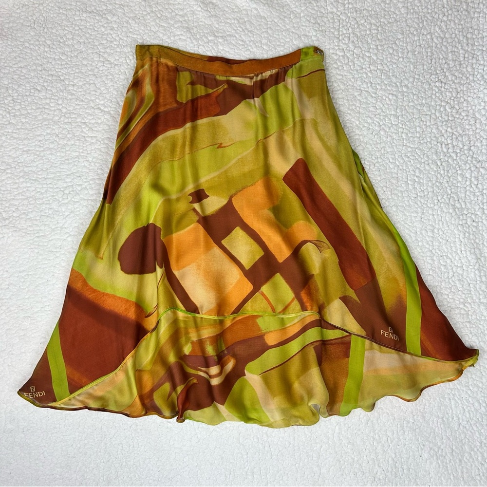 FENDI Women's Vintage Brown Orange Geometric Print Midi Silk Skirt Size L